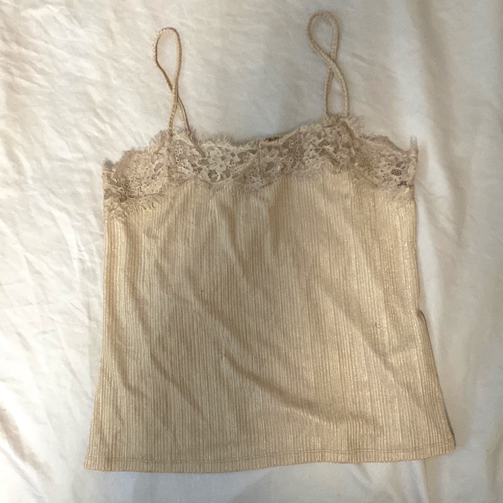 BEIGE LACE TRIM RIBBED POLYESTER SATIN CAMISOLE | size: M